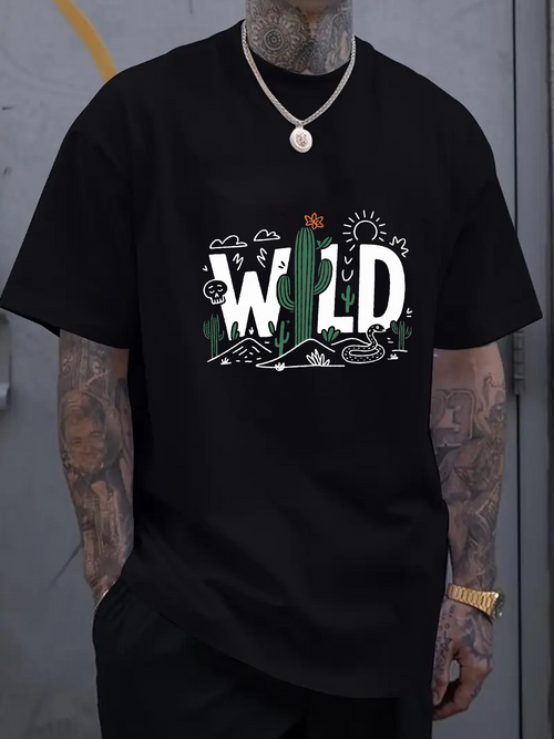 Men's Graphic T-Shirt Wild Cactus Inside Letters With Desert Sun And Clouds