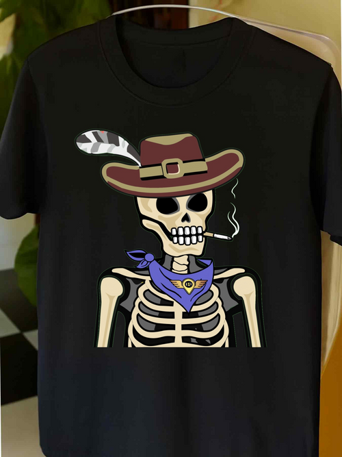 Men's Graphic T-Shirt Western Cowboy Skeleton Wearing Feathered Hat And Purple Bandana