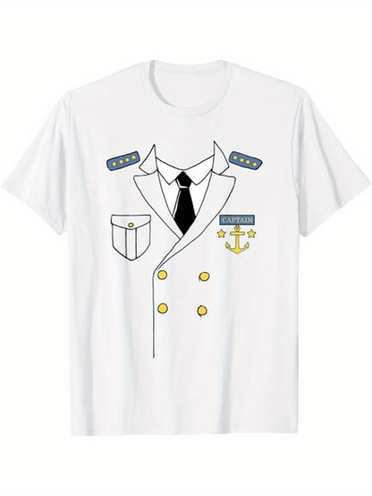 Men's Graphic T-Shirt Minimalist Line Art With Illustrated Buttons And Naval Symbol Uniform