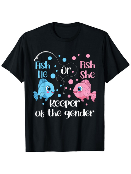 Men's Graphic T-Shirt Fish He Or Fish She Keeper Of The Gender With Cartoon Swimming Fish Bubbles And Fishing Line