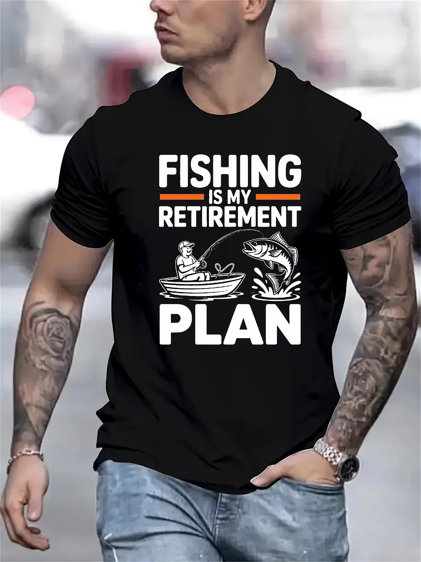 Men's Graphic T-Shirt Fishing Is My Retirement Plan With Jumping Fish And Old Man In Rowboat