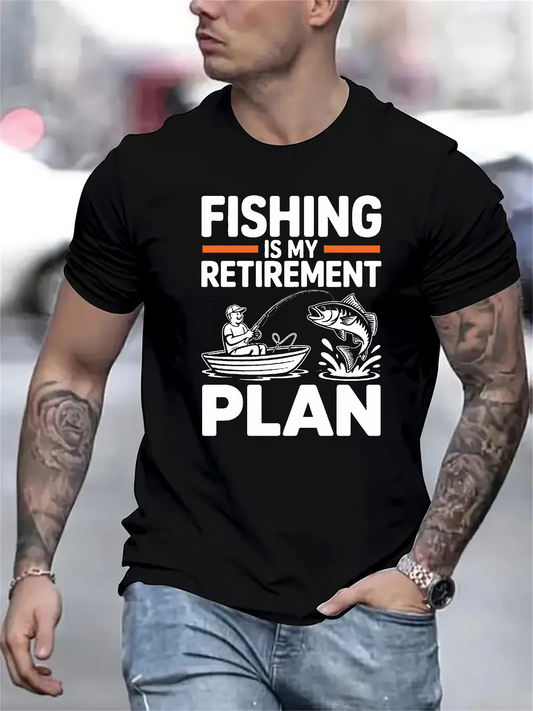 Men's Graphic T-Shirt Fishing Is My Retirement Plan With Jumping Fish And Old Man In Rowboat