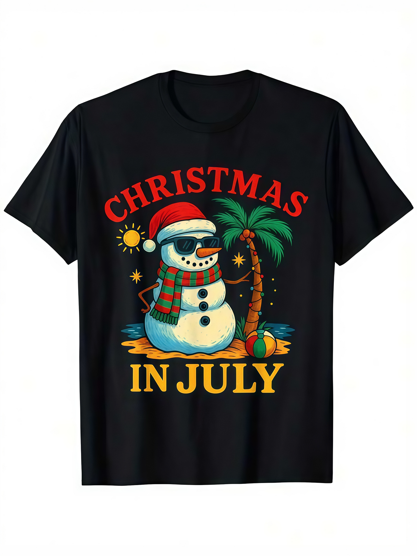 Men's Graphic T-Shirt Christmas In July Sunny Beach Vibes With Palm Trees And Snowman