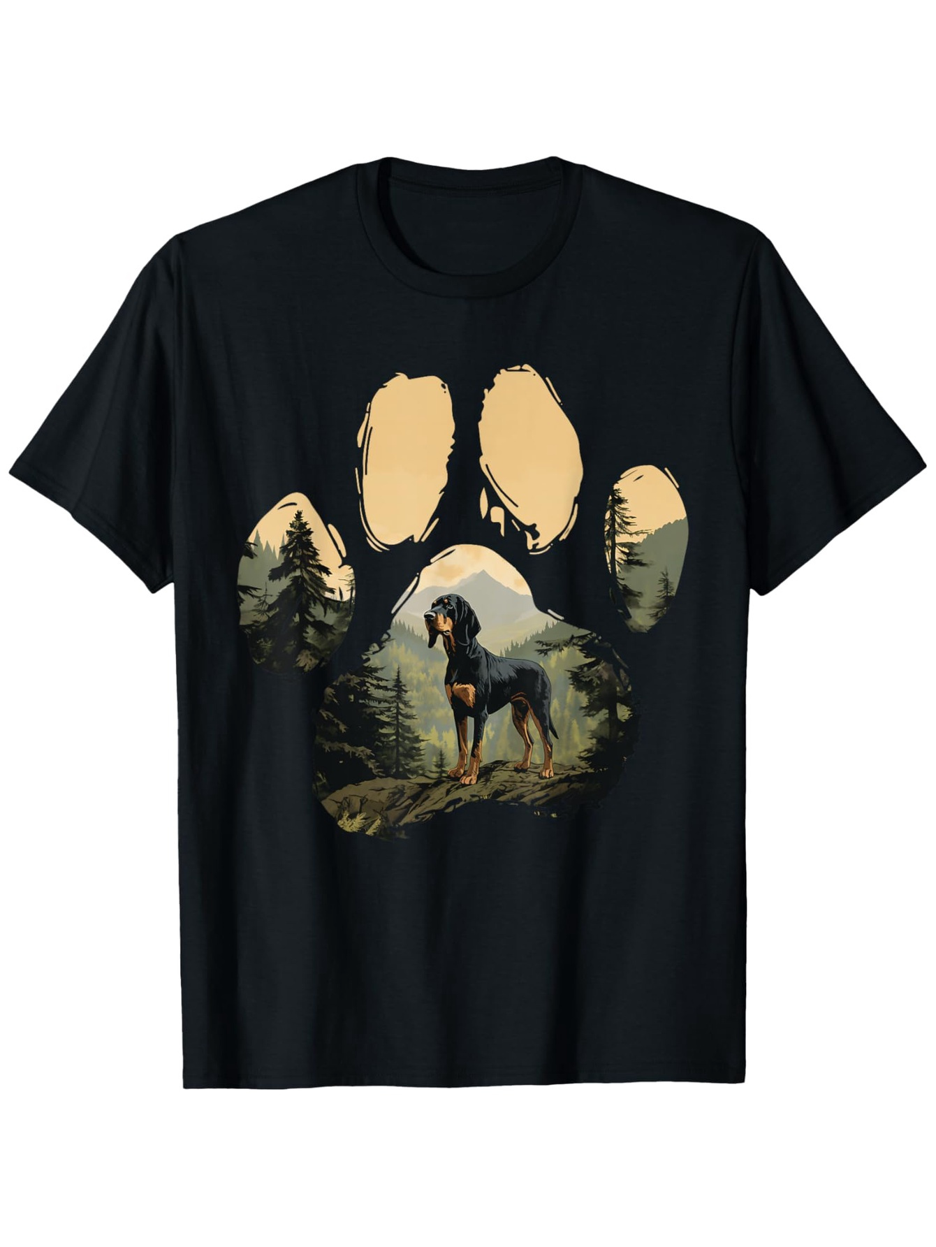 Men's Graphic T-Shirt Serene Mountain Wilderness With Dog Among Towering Pines Pawprint