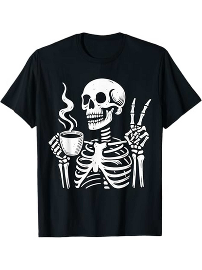 Men's Graphic T-Shirt Smoking Hot Coffee With Skeleton Hands Holding Cup Skeleton