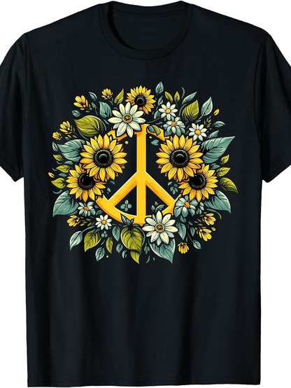 Men's Graphic T-Shirt Yellow Sunflowers And Green Leaves Surrounding Peace Symbol