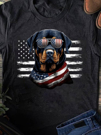 Men's Graphic T-Shirt Patriotic Dog Wearing Sunglasses And Flag Scarf With American Flag Rottweiler