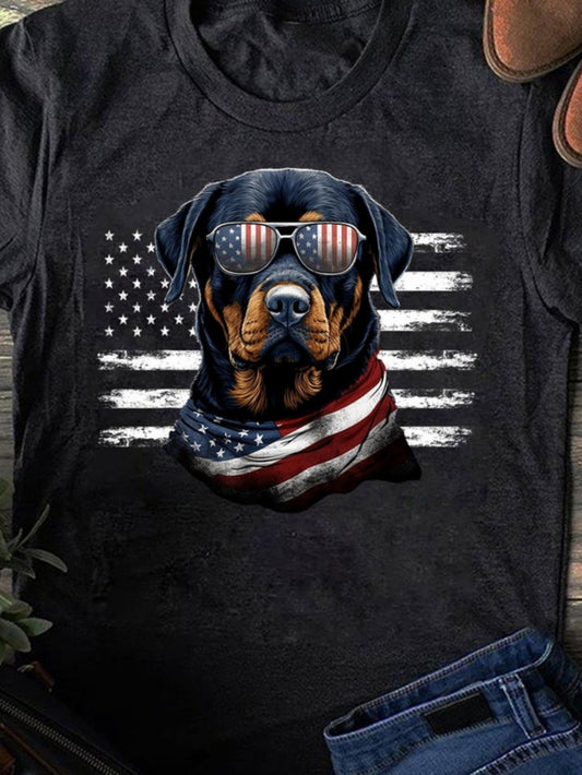 Men's Graphic T-Shirt Patriotic Dog Wearing Sunglasses And Flag Scarf With American Flag Rottweiler