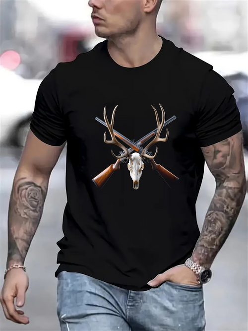 Men's Graphic T-Shirt Majestic Antlers With Rustic Crossed Guns And Animal Skull