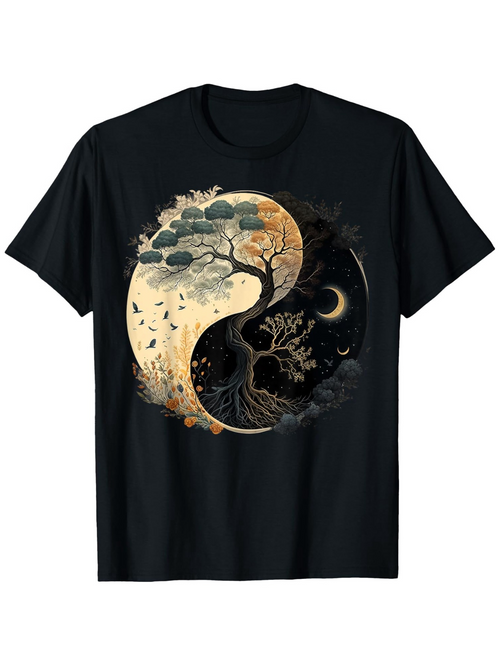 Men's Graphic T-Shirt Ethereal Yin Yang Landscape With Sun Moon And Tree Artwork