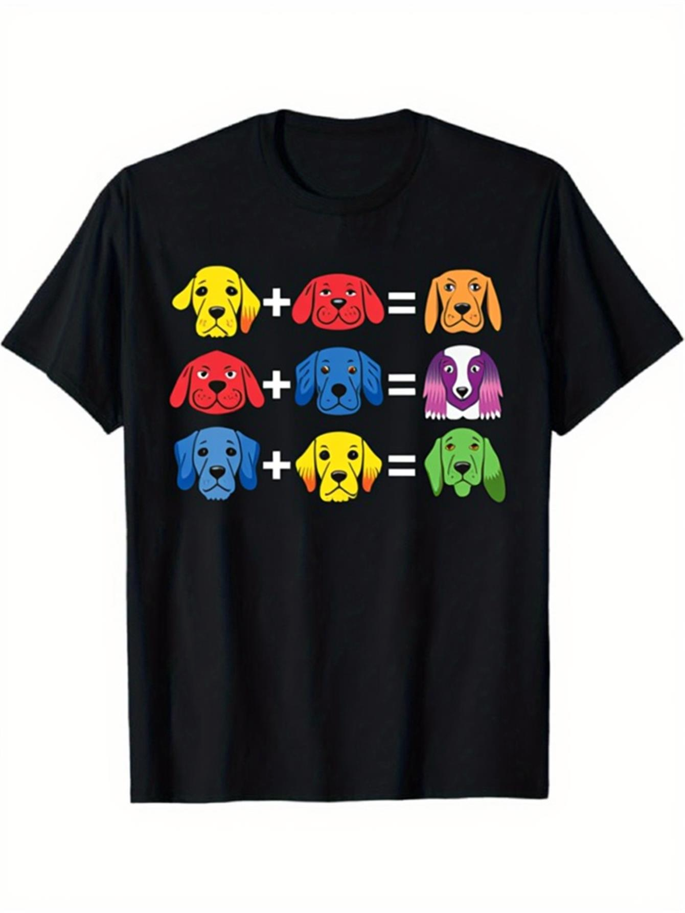 Men's Graphic T-Shirt Colorful Cartoon Math Puzzles With Playful Dog Faces