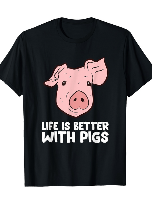 Men's Graphic T-Shirt Life Is Better With Gentle Blush Pink Cartoon Pig