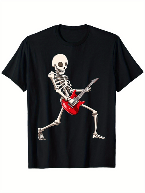 Men's Graphic T-Shirt Energetic Skeleton With Red Electric Guitar Dancing On Stage