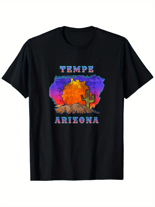 Men's Graphic T-Shirt Sunset Desert With Cactus And Mountains Under Vibrant Painted Sky