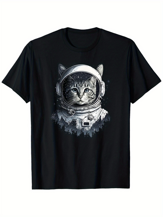 Men's Graphic T-Shirt Starry Cosmos With Astronaut Suit Wearing Curious Tabby Cat