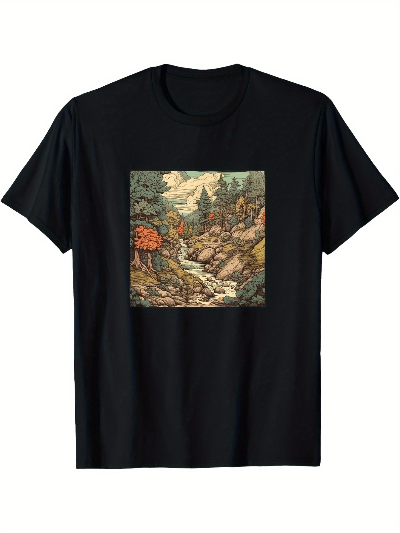 Men's Graphic T-Shirt Tranquil Autumn Forest Stream Flowing Among Mossy Rocks