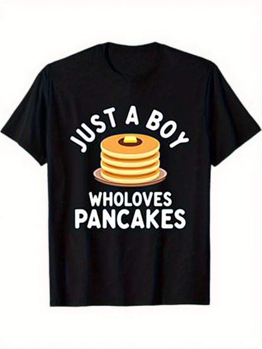 Men's Graphic T-Shirt Just A Boy Who Loves Pancakes With Syrup Stack On Breakfast Table Pancake