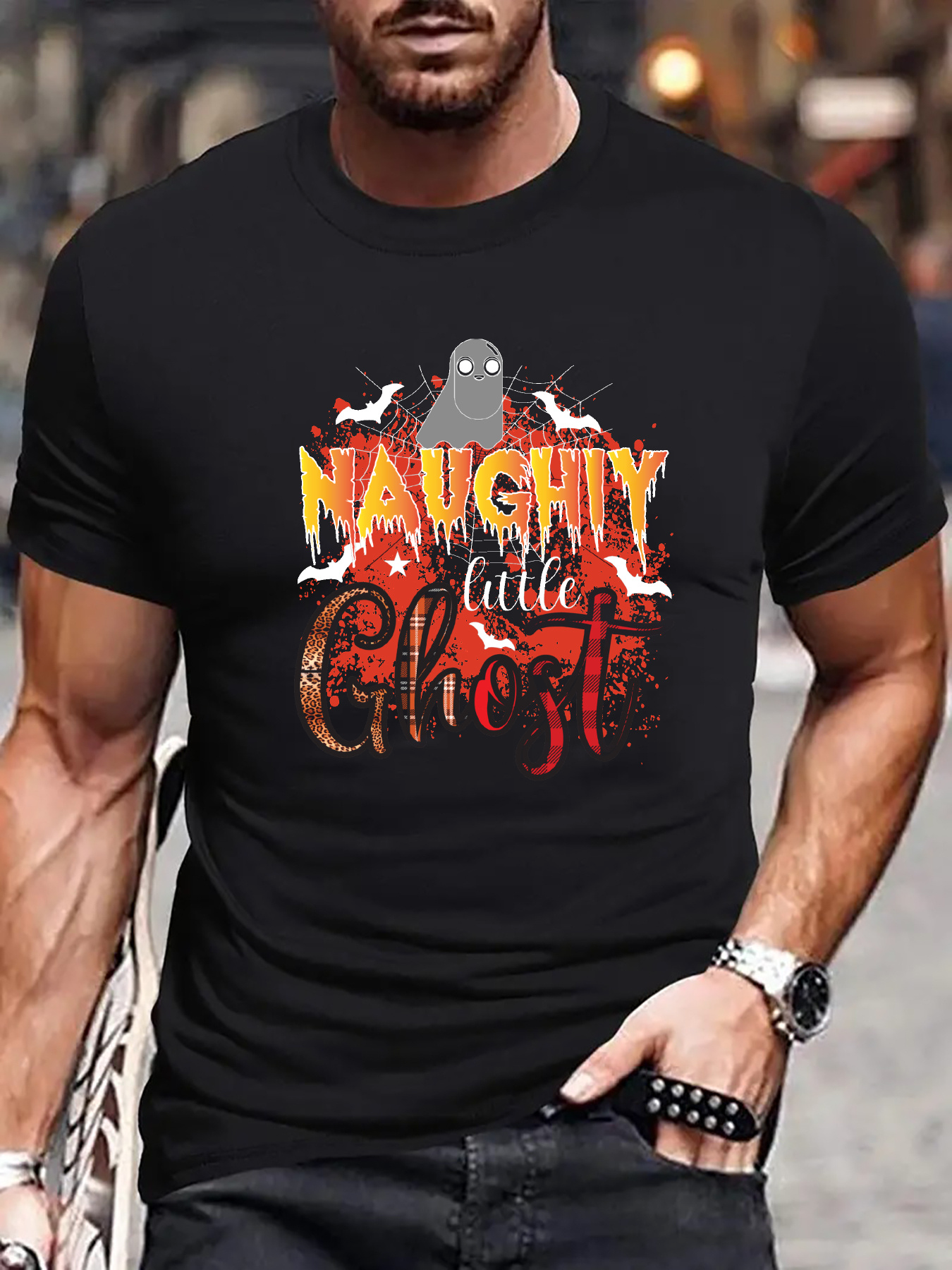 Men's Graphic T-Shirt Naughty Little Ghost Floating In Spooky Halloween Night Among Bats And Candles Ghost
