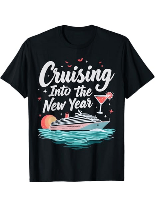 Men's Graphic T-Shirt Cruising Into The New Year Tropical Sunset Ocean Waves By Large Cruise Ship