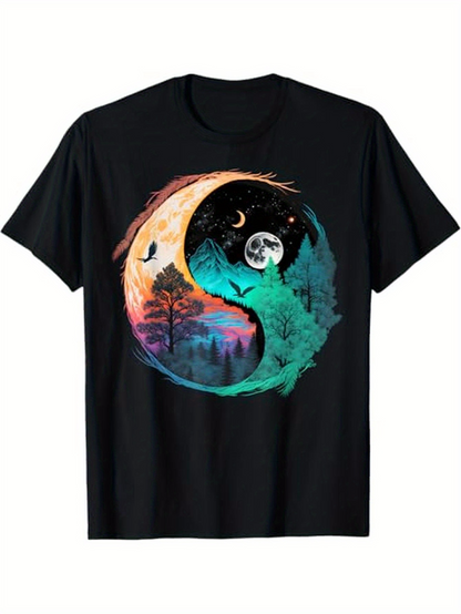 Men's Graphic T-Shirt Yin Yang Symbol With Vibrant Trees Under Sun And Moon