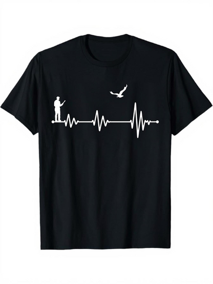 Men's Graphic T-Shirt Heartbeat Graph With Fisherman Standing And Bird Above Water