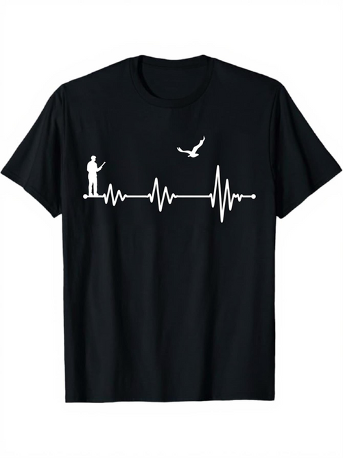 Men's Graphic T-Shirt Heartbeat Graph With Fisherman Standing And Bird Above Water