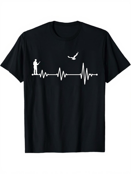 Men's Graphic T-Shirt Heartbeat Graph With Fisherman Standing And Bird Above Water