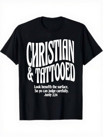 Men's Graphic T-Shirt Christian Tattooed Bold Statement With Curved Text On Black T Shirt