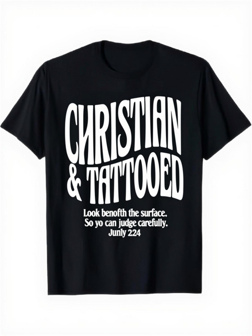 Men's Graphic T-Shirt Christian Tattooed Bold Statement With Curved Text On Black T Shirt