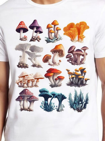 Men's Graphic T-Shirt Colorful Wild Forest Mushrooms In Groups On Lush Grass