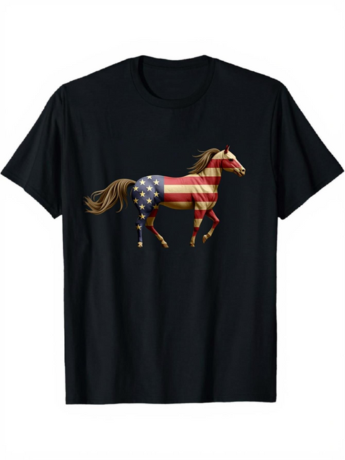 Men's Graphic T-Shirt Galloping Horse With American Flag Pattern Running Freedom Horse