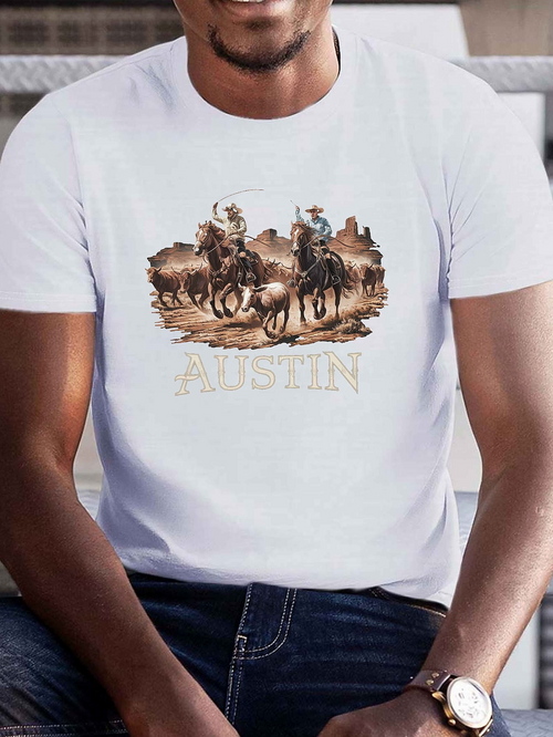 Men's Graphic T-Shirt Austin Vintage Cowboys With Horses On Dusty Sunset Plain
