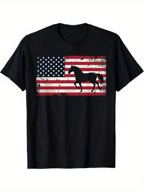 Men's Graphic T-Shirt Distressed American Flag With Silhouette Black Galloping Horse