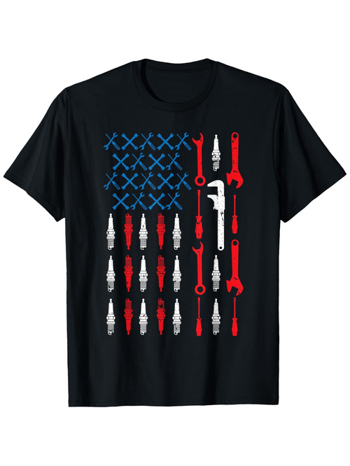 Men's Graphic T-Shirt Patterned Tools Forming American Flag Design Illustration Wrenches Screwdrivers Pliers T Shirt