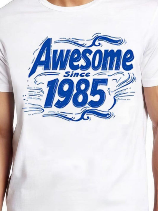 Men's Graphic T-Shirt Awesome Since 1985 Vintage Blue Lettering On White Cotton T Shirt