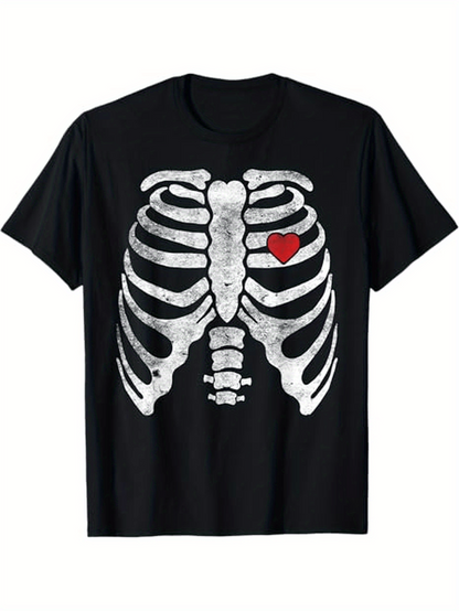 Men's Graphic T-Shirt Anatomical Ribcage Bones With Red Heart Illustration Skeleton