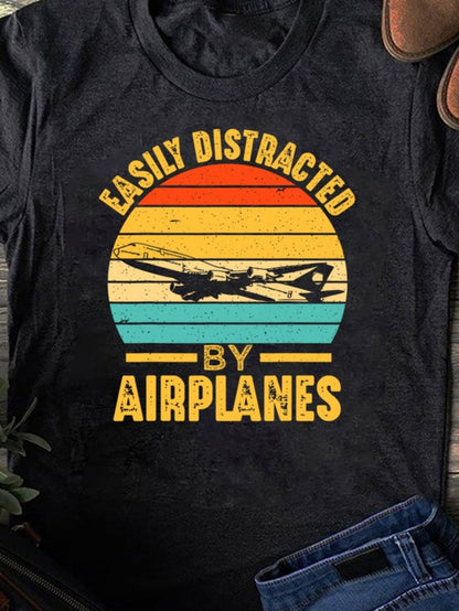 Women's Graphic T-Shirt Easily Distracted By Airplanes Retro Sunset Layers With Flying Jet Airplane