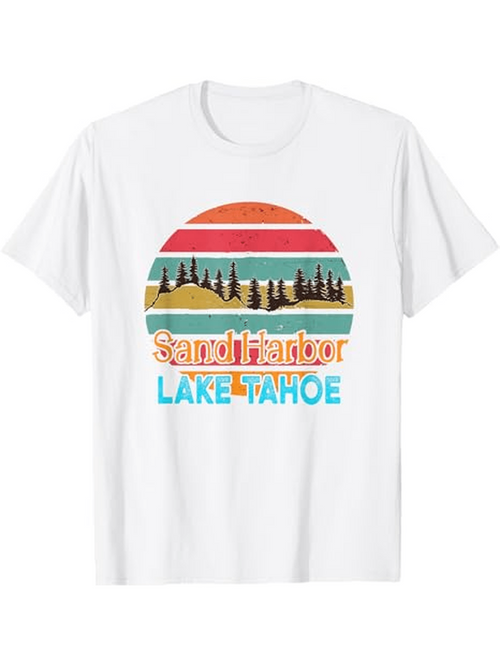 Men's Graphic T-Shirt Sand Harbor Lake Tahoe Retro Sunset With Pine Forest And Scenic Landscape