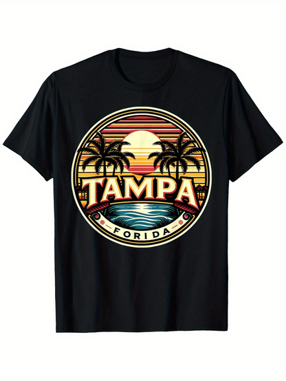 Men's Graphic T-Shirt Tampa Florida Sunset Beach With Palm Trees Water And Retro Sun