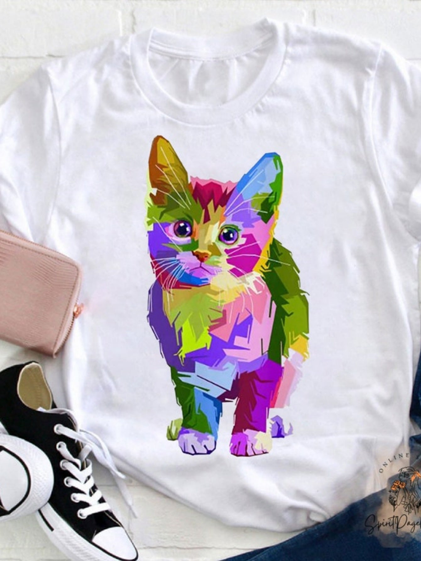 Men's Graphic T-Shirt Vivid Rainbow Colors With Bold Brush Strokes Depicting Playful Cat