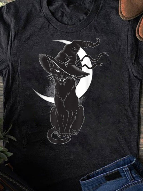 Women's Graphic T-Shirt Silent Night With Moonlit Shadows And Mystical Witch Hat Cat