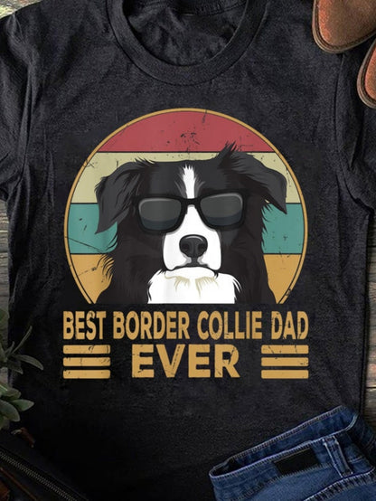 Women's Graphic T-Shirt Best Border Collie Dad Ever Retro Sun With Cool Sunglasses Wearing Border Collie Dog