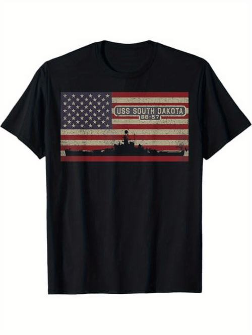 Men's Graphic T-Shirt USS South Dakota Vintage Flag With Warship And Stars And Stripes Banner
