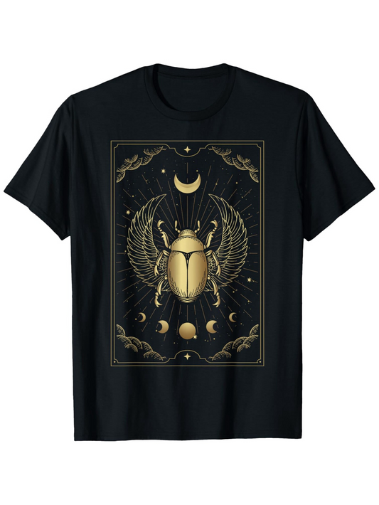 Men's Graphic T-Shirt Golden Scarab With Celestial Phases And Radiant Night Sky Beetle