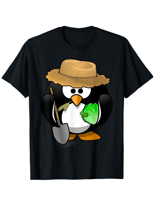 Men's Graphic T-Shirt Cartoon Penguin Holding Lettuce Wearing Straw Hat Farmer Penguin