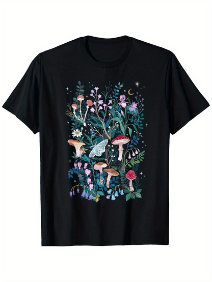 Men's Graphic T-Shirt Magical Glow Among Wildflowers And Garden Forest Mushrooms