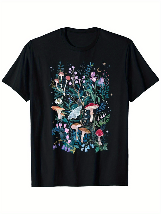 Men's Graphic T-Shirt Magical Glow Among Wildflowers And Garden Forest Mushrooms
