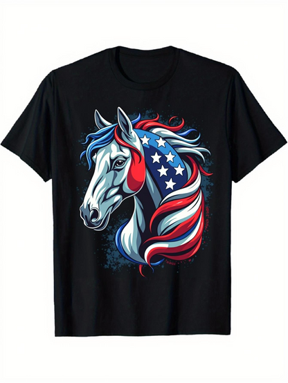 Men's Graphic T-Shirt Patriotic Stars And Stripes In Flowing Mane Horse