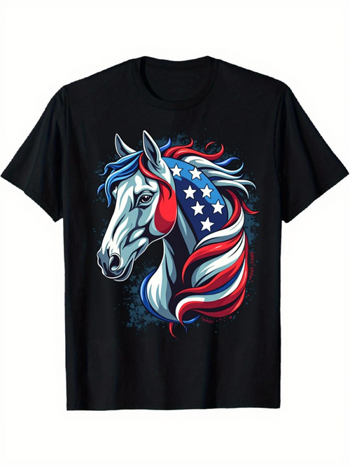 Men's Graphic T-Shirt Patriotic Stars And Stripes In Flowing Mane Horse