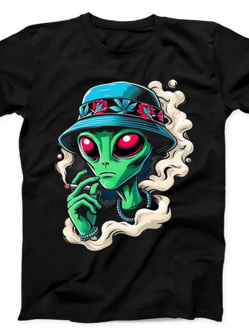 Men's Graphic T-Shirt Vivid Smoke Clouds Surrounding A Green Alien Wearing A Blue Hat